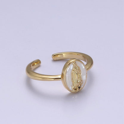 Gold Filled Oval Virgin Mother Mary Shell Opal Ring in Gold &amp; Silver  S-397 - S-400, O-200-204