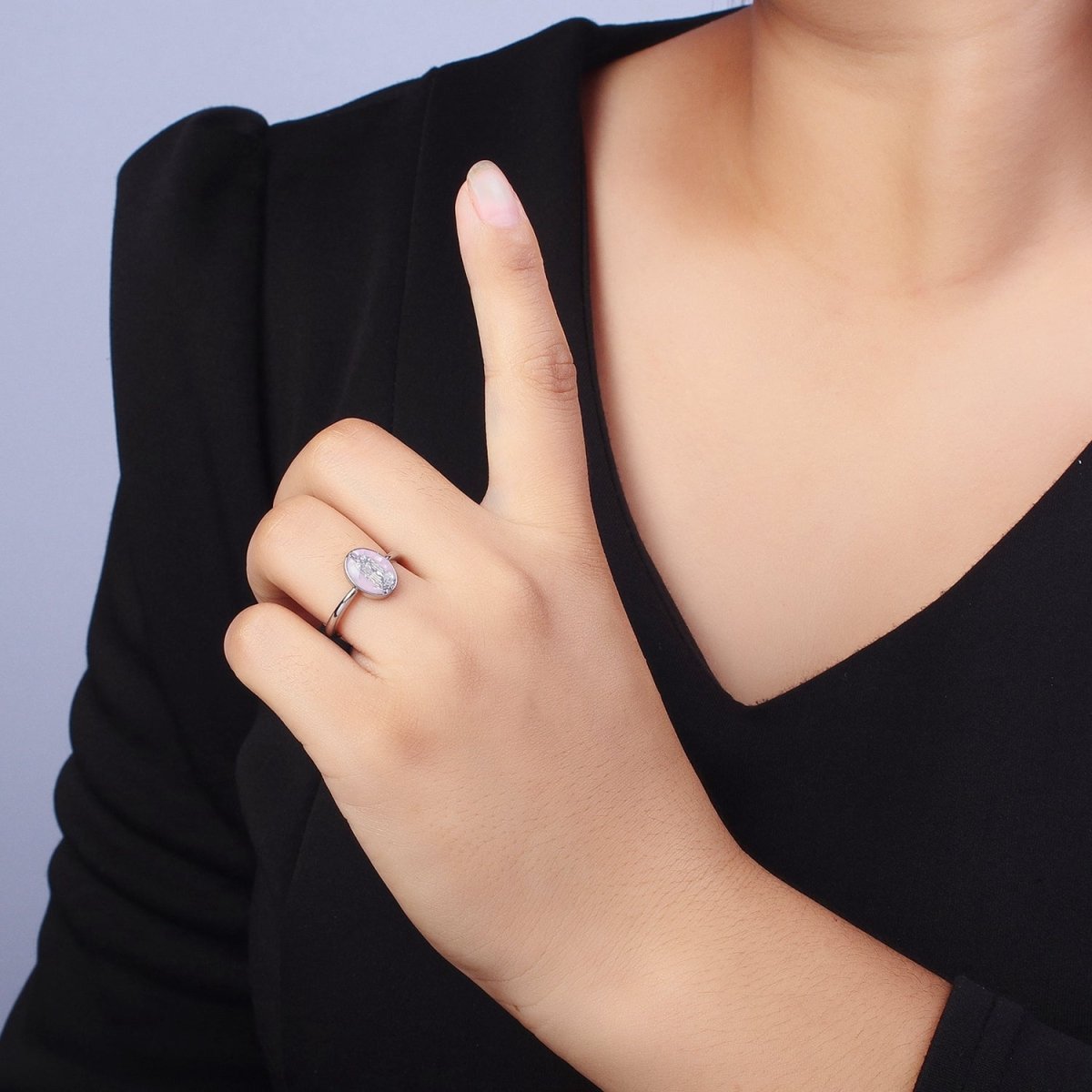 Gold Filled Oval Virgin Mother Mary Shell Opal Ring in Gold &amp; Silver  S-397 - S-400, O-200-204