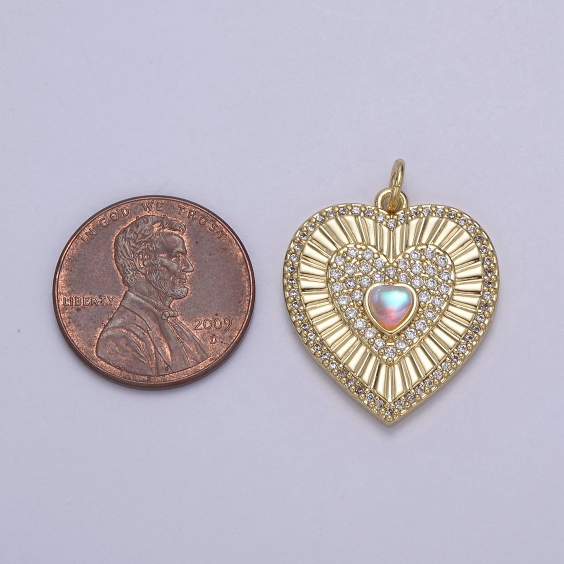 Gold Filled Radial Heart Charm Necklace, Rainbow Moonstone Sunburst Gold Pendant, Dainty Heart Love Valentine Gift Necklace Supply N-765