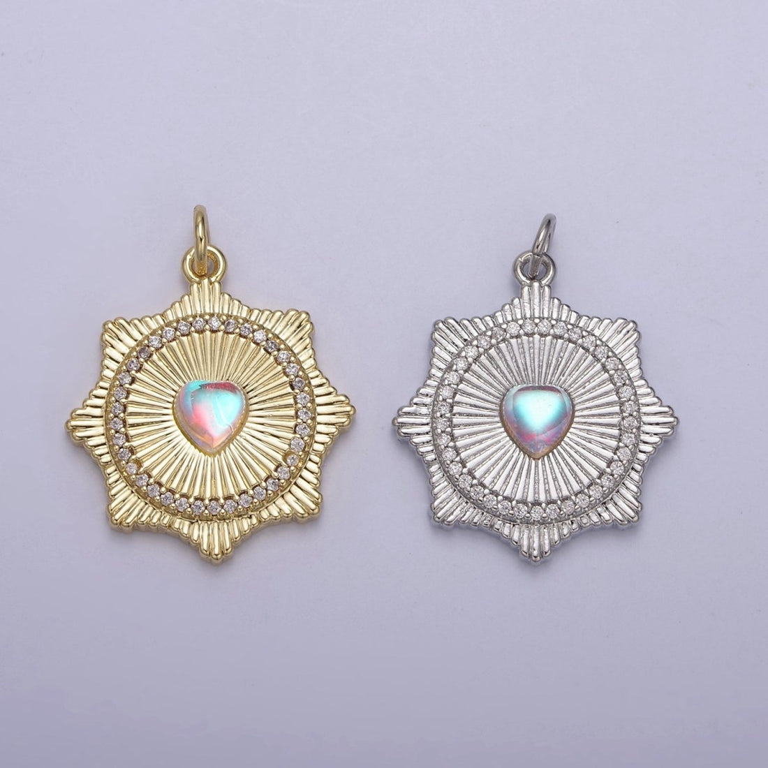 Gold Filled Radial Sun Burst Charm Necklace, Rainbow Moonstone Sunburst Gold Pendant, Dainty Celestial Jewelry Gift Necklace Supply N-693 N-694