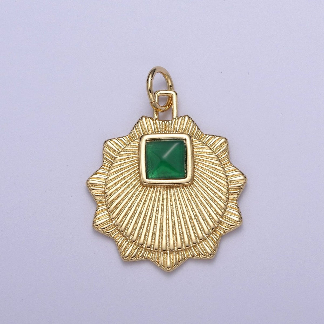 Gold Filled Radial Sun Charm Necklace, Emerald Green Sunburst Gold Celestial Pendant, Dainty Medallion Necklace Supply N-396