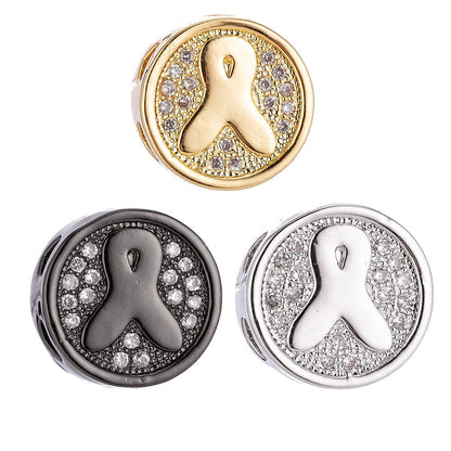 Gold Filled Round Micro Paved CZ Breast Cancer Awareness Ribbon Bead | B-028