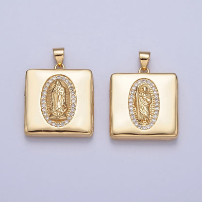 Gold Filled Saint Benedict / Virgin Mary Locket Square Tag Pendant, Micro Pave Clear Cubic Zirconia CZ Religious Jewelry H-088 H-089