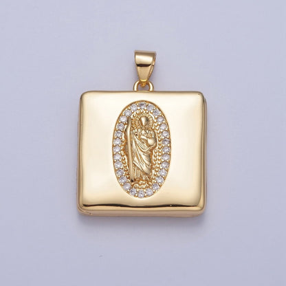 Gold Filled Saint Benedict / Virgin Mary Locket Square Tag Pendant, Micro Pave Clear Cubic Zirconia CZ Religious Jewelry H-088 H-089