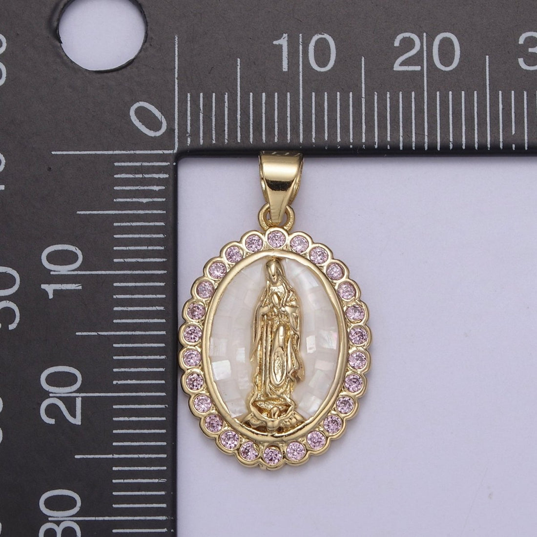 Gold Filled Shell Opal Miraculous Lady Guadalupe, Pink CZ Outline Virgin Mary Religious Oval Pendant in Gold &amp; Silver H-057 H-059 H-172 I-778 N-583 N-584 N-621 X-479 X-480 X-481