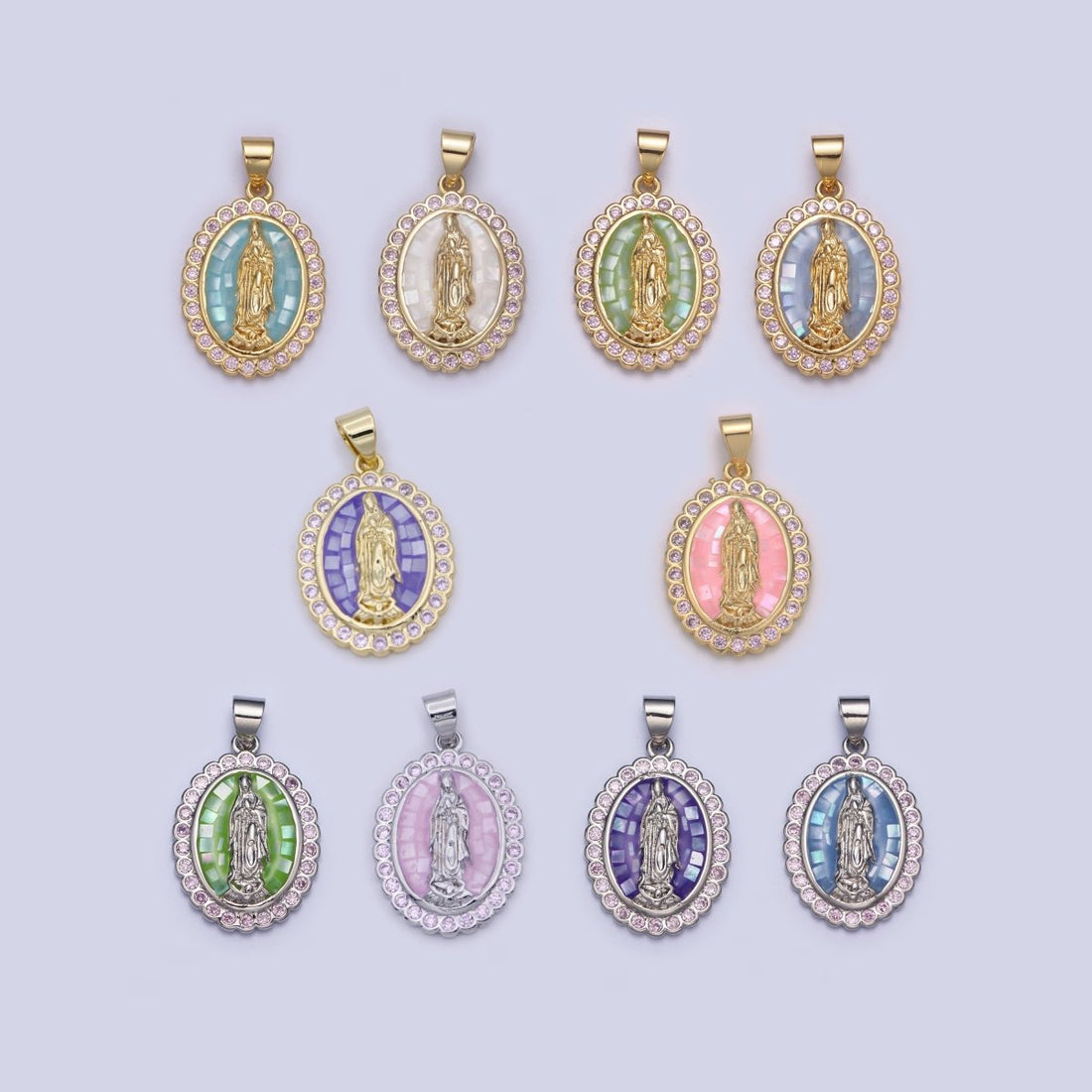 Gold Filled Shell Opal Miraculous Lady Guadalupe, Pink CZ Outline Virgin Mary Religious Oval Pendant in Gold &amp; Silver H-057 H-059 H-172 I-778 N-583 N-584 N-621 X-479 X-480 X-481