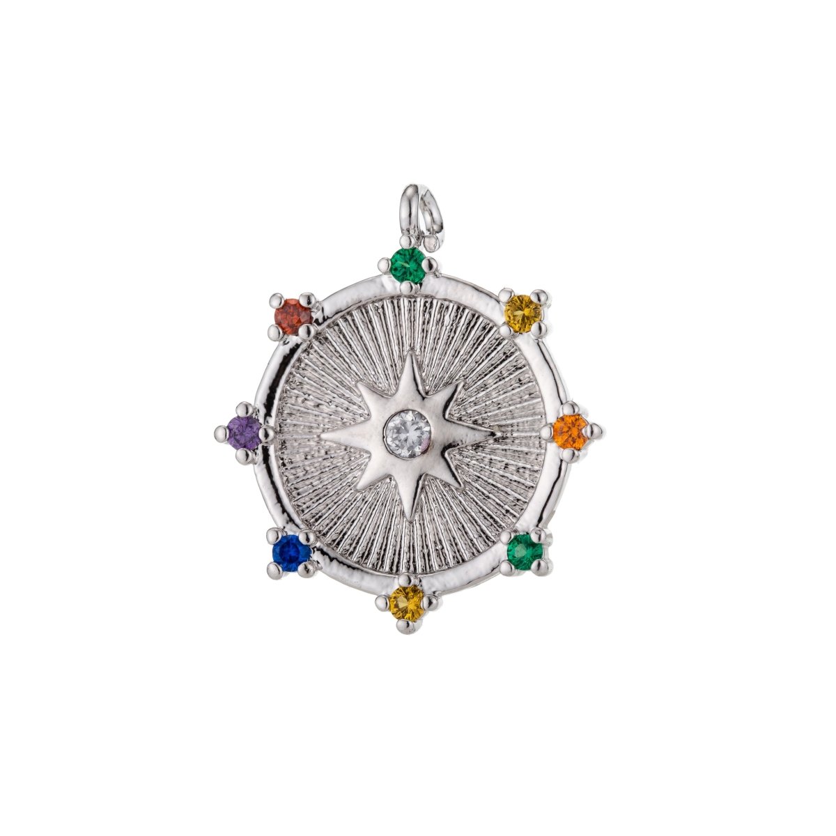 Gold Filled / Silver CZ Pave Starburst Cubic Zirconia Shooting Star North Star Coin Circle Disc Micro Pave Star Medallion Charm Pendant E-465 E-468
