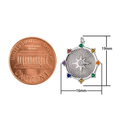 Gold Filled / Silver CZ Pave Starburst Cubic Zirconia Shooting Star North Star Coin Circle Disc Micro Pave Star Medallion Charm Pendant E-465 E-468