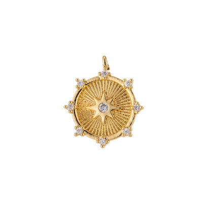 Gold Filled / Silver CZ Pave Starburst Cubic Zirconia Shooting Star North Star Coin Circle Disc Micro Pave Star Medallion Charm Pendant E-465 E-468