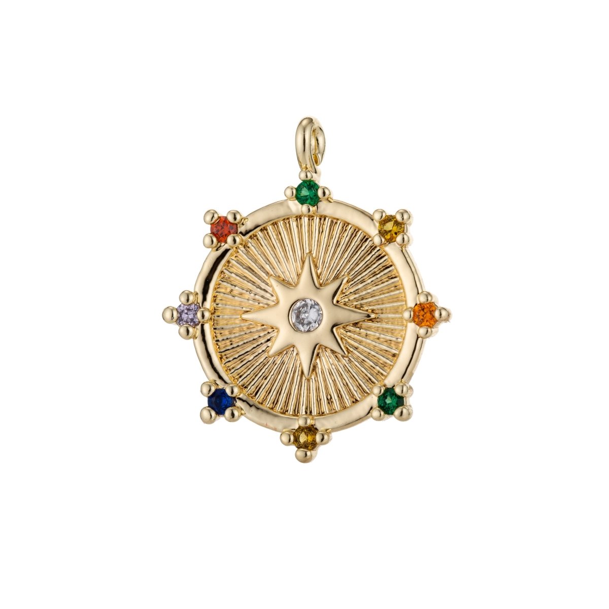 Gold Filled / Silver CZ Pave Starburst Cubic Zirconia Shooting Star North Star Coin Circle Disc Micro Pave Star Medallion Charm Pendant E-465 E-468