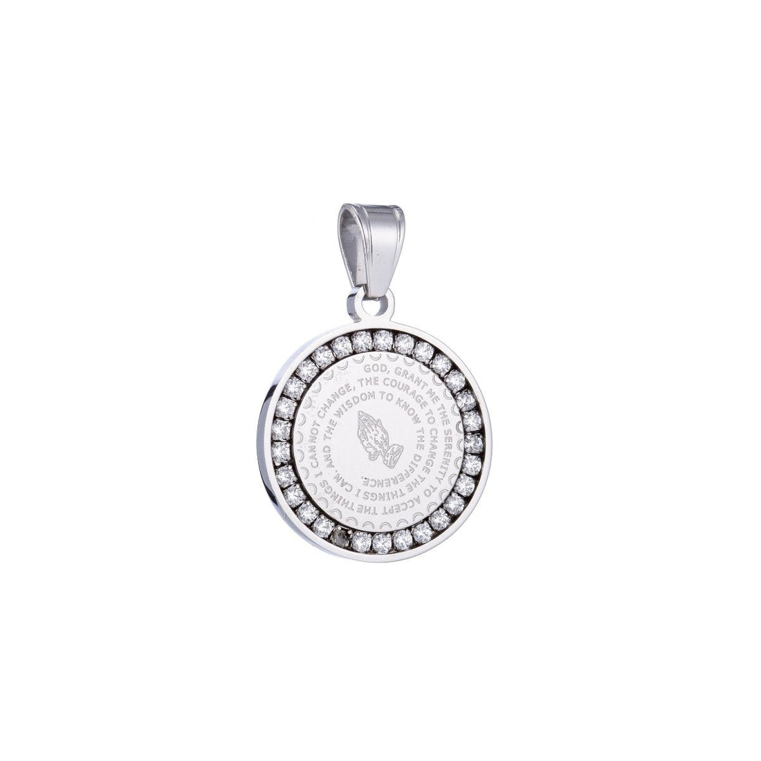 Gold Filled, Silver Stainless Steel Serenity Prayer Stainless Steel Charm - Lord grant me Coin Medallion Pendant with Cubic Zirconia  J-479