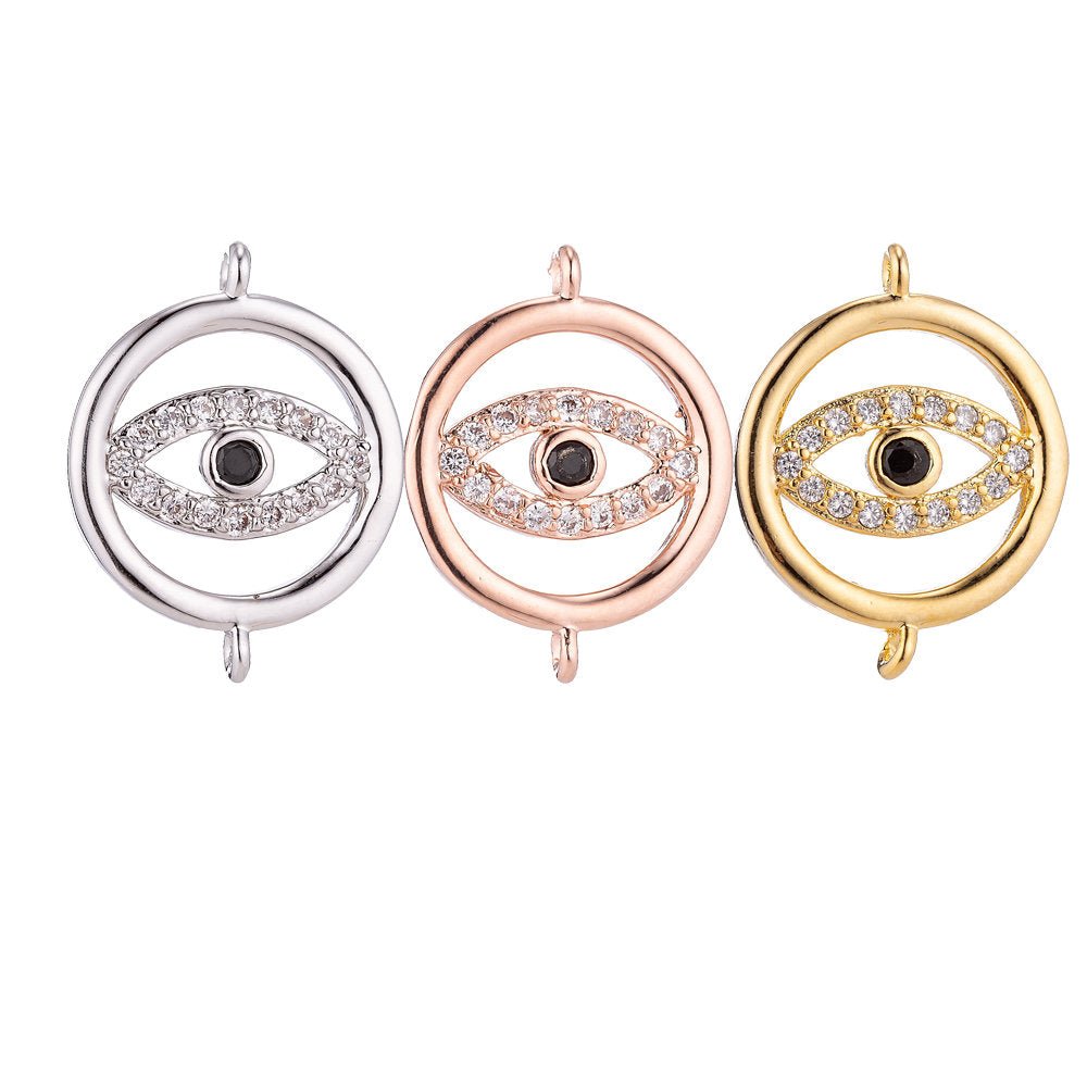 Gold Filled Spiritual Religious Evil Eye Cubic Zirconia Bracelet Charm Necklace Pendant Findings for Jewelry Making Greek Eye Connector F-038