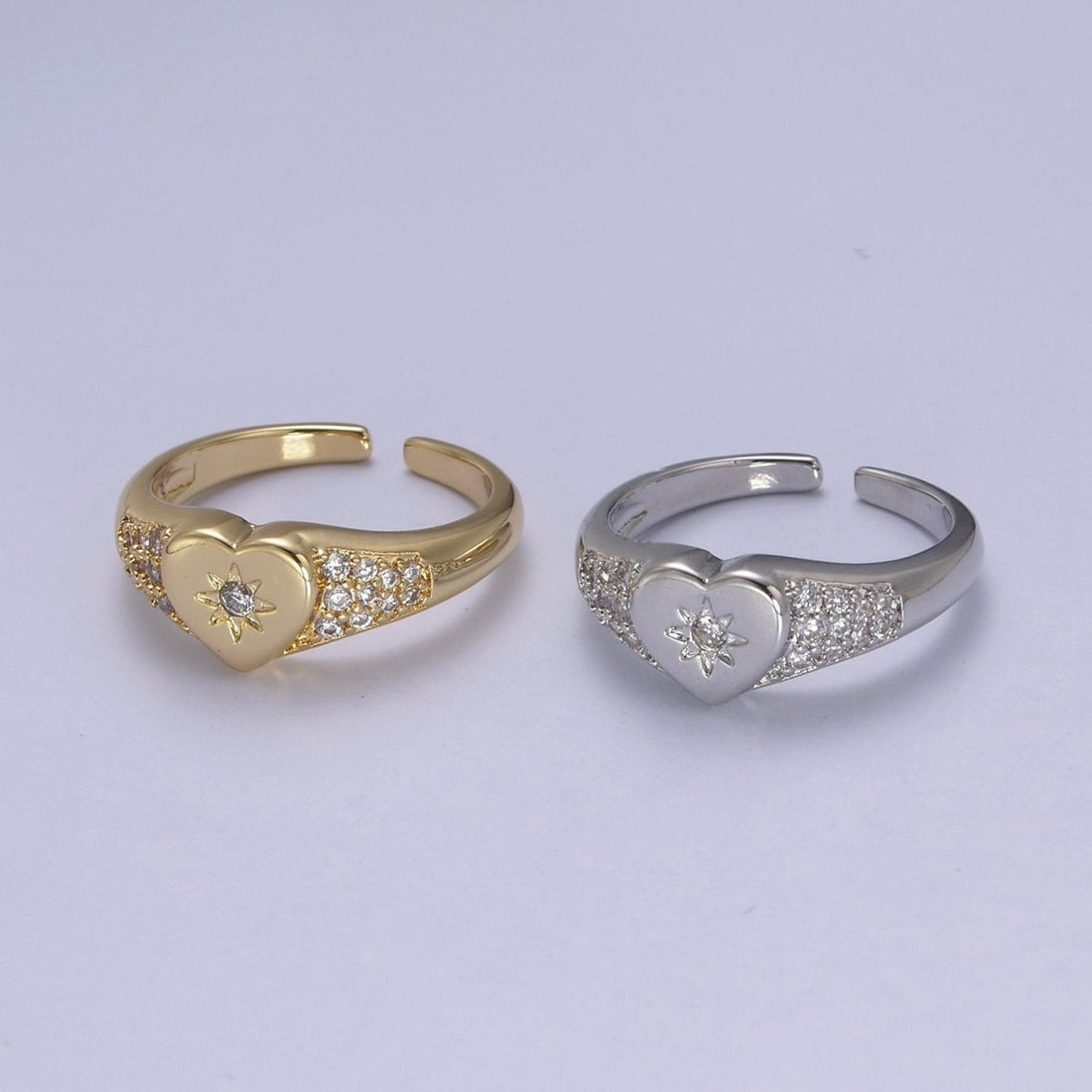 Gold Filled Star Starburst Crystal Zirconia CZ Heart Band Open, Adjustable Ring in 24K Gold &amp; Silver | U-383 U-384