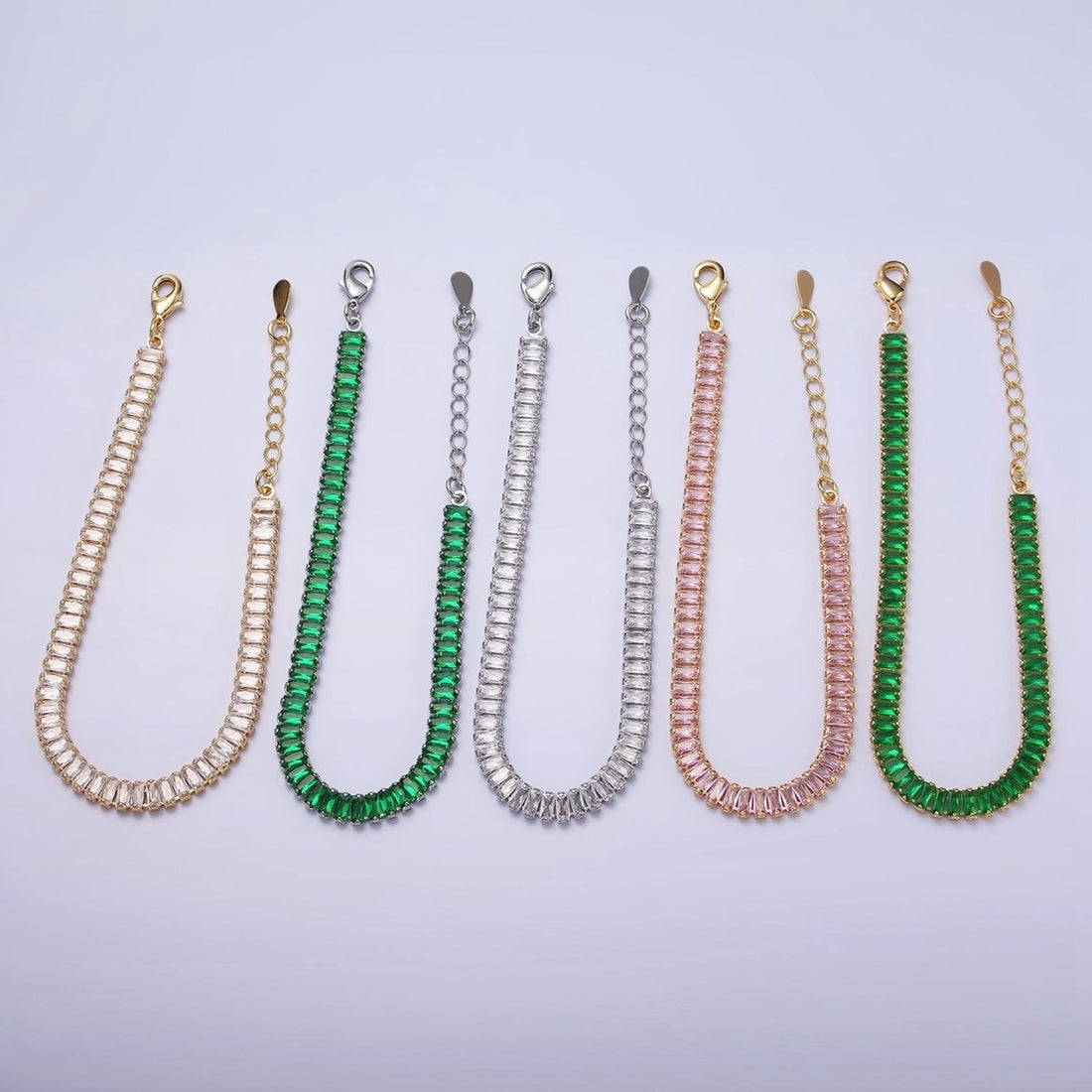 Gold Filled Tennis Bracelet, Baguette Emerald Green, Pink, Clear Pave CZ Bracelet for | WA-1764 to WA-1766 Clearance Pricing