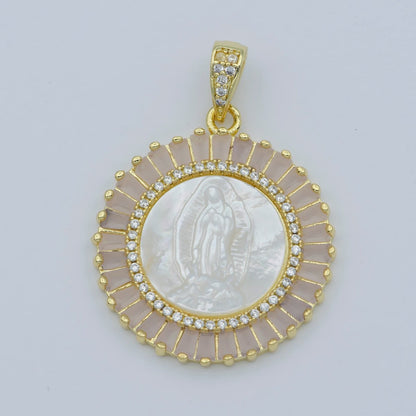 Gold Filled Virgin Mary Pendant Pearl Lady Guadalupe Medallion Charm Necklace Pink Cubic Micro Pave Cz for Religious jewelry making supply N-1407 I-109