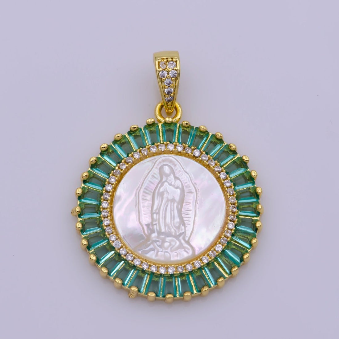 Gold Filled Virgin Mary Pendant Pearl Lady Guadalupe Medallion Charm Necklace Pink Cubic Micro Pave Cz for Religious jewelry making supply N-1407 I-109
