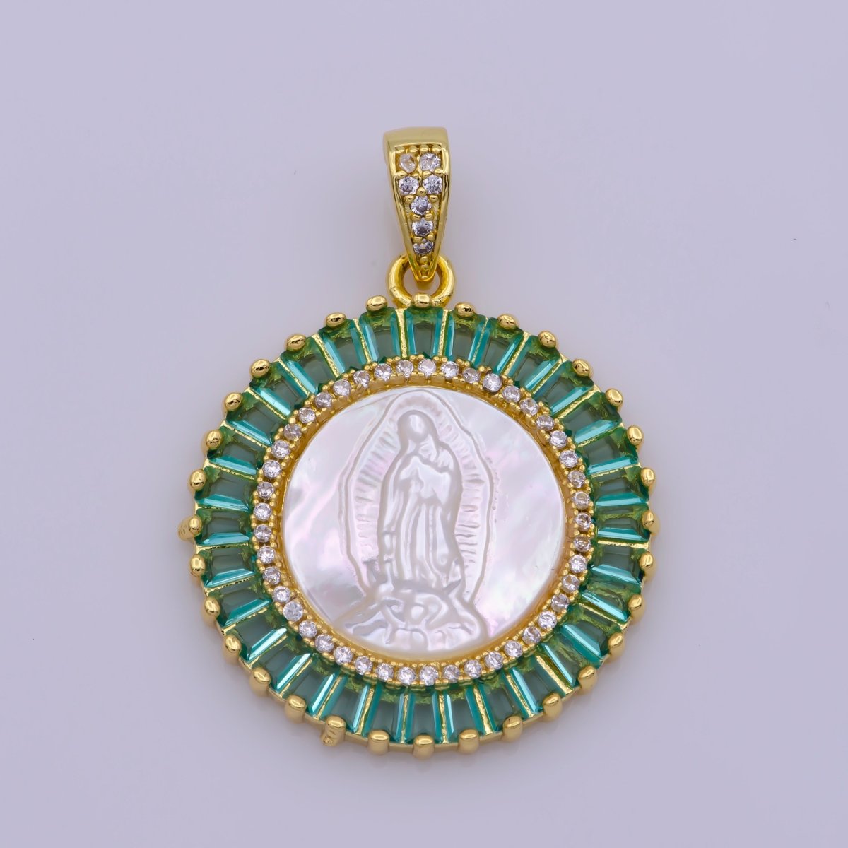 Gold Filled Virgin Mary Pendant Pearl Lady Guadalupe Medallion Charm Necklace Pink Cubic Micro Pave Cz for Religious jewelry making supply N-1407 I-109