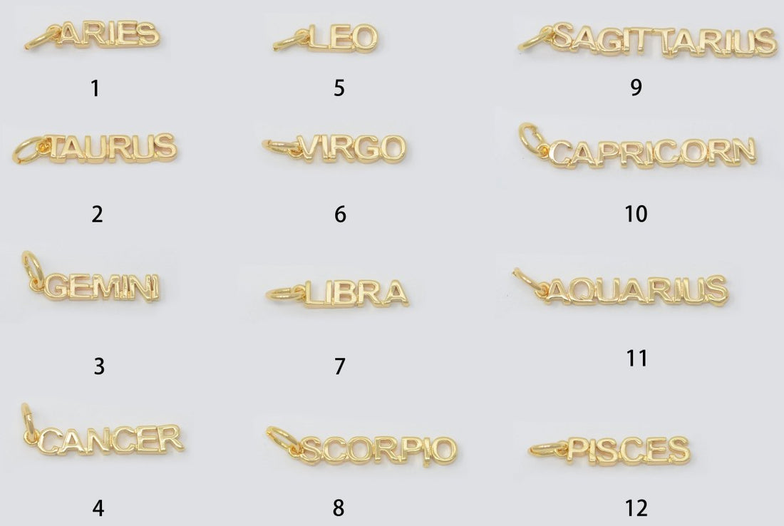 Gold Filled Zodiac Sign Script Words Mini Charm in Gold &amp; Silver | A-A1815-A-A1820 | A-A1839-A-A1844