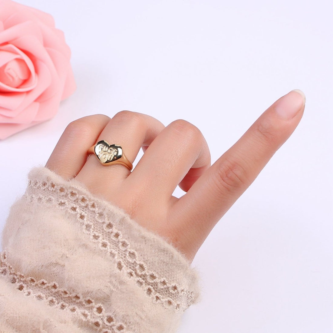 Gold Fuck You Ring, Heart Shaped Signet, Fuckoff rings oval signet ring gold rings for women S-377