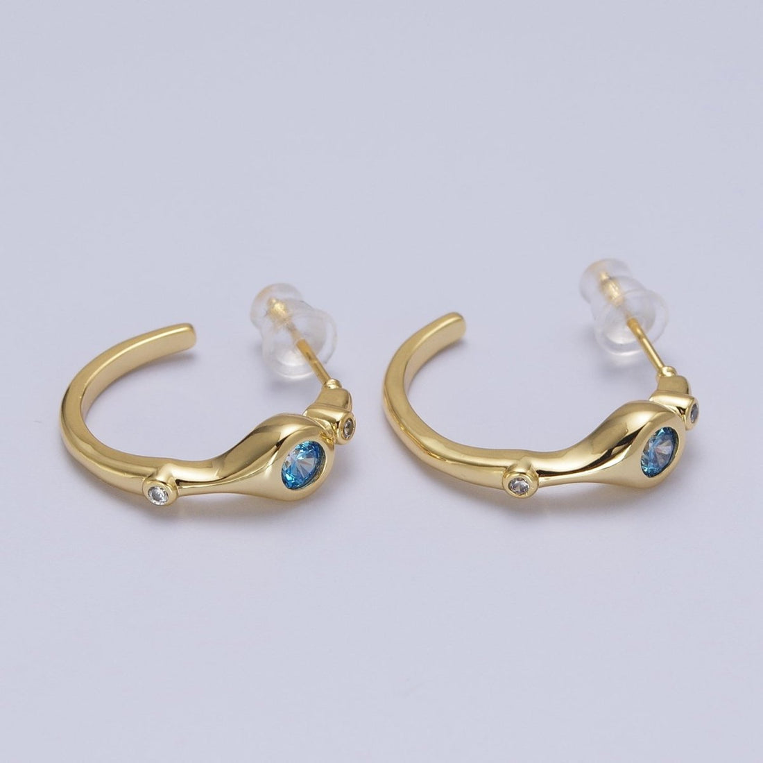 Gold Blue CZ Round Geometric 20mm C-Shaped Hoops Earrings | AD199