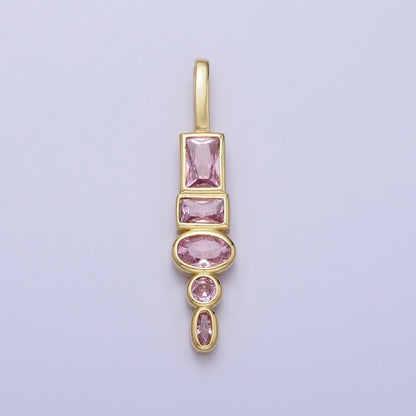 Gold Geometric Clear, Pink CZ Cubic Zirconia Baguette Oval Pendant | AA170 AA171