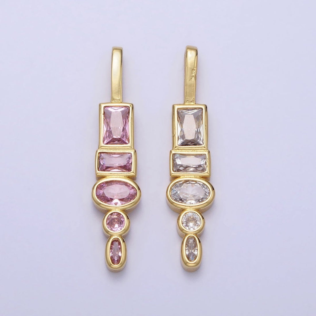 Gold Geometric Clear, Pink CZ Cubic Zirconia Baguette Oval Pendant | AA170 AA171
