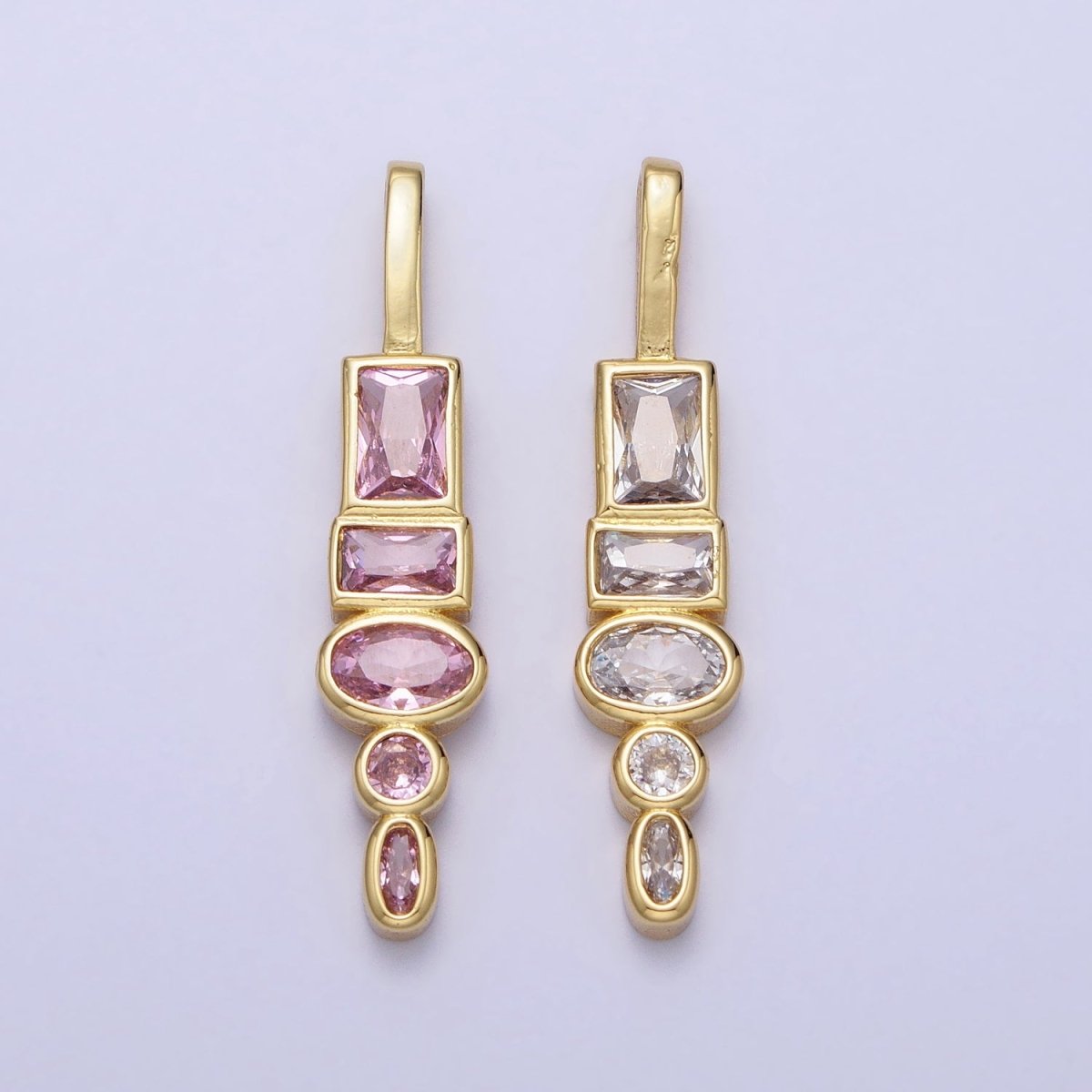 Gold Geometric Clear, Pink CZ Cubic Zirconia Baguette Oval Pendant | AA170 AA171
