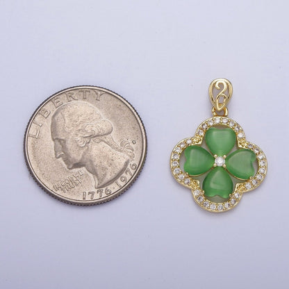 Gold Green Quatrefoil Lucky Clover Micro Paved CZ Pendant For St. Patrick&
