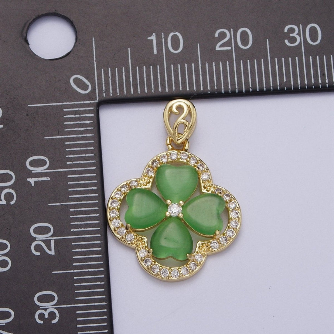 Gold Green Quatrefoil Lucky Clover Micro Paved CZ Pendant For St. Patrick&