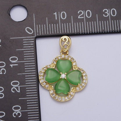Gold Green Quatrefoil Lucky Clover Micro Paved CZ Pendant For St. Patrick&