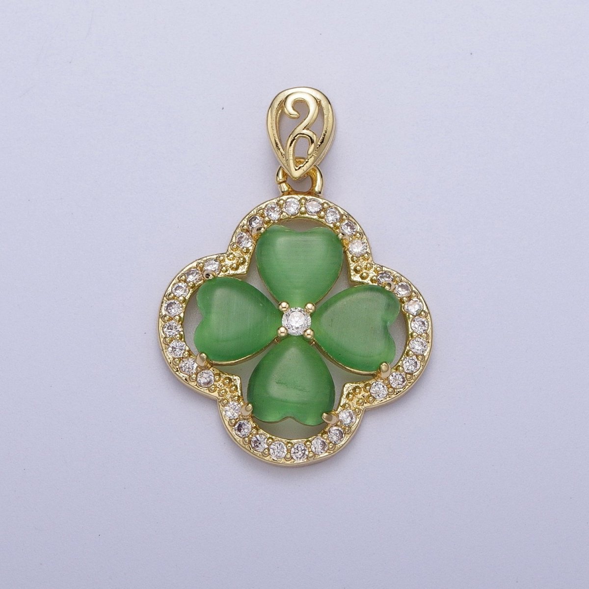 Gold Green Quatrefoil Lucky Clover Micro Paved CZ Pendant For St. Patrick&