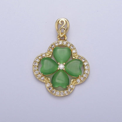 Gold Green Quatrefoil Lucky Clover Micro Paved CZ Pendant For St. Patrick&