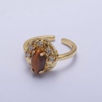 Gold Hammered Cubic Zirconia Marquise Natural Gemstone Adjustable Ring | O-020 O-021 O-022