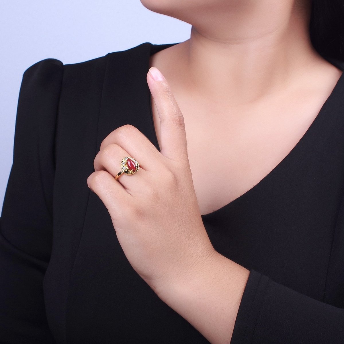 Gold Hammered Cubic Zirconia Marquise Natural Gemstone Adjustable Ring | O-020 O-021 O-022