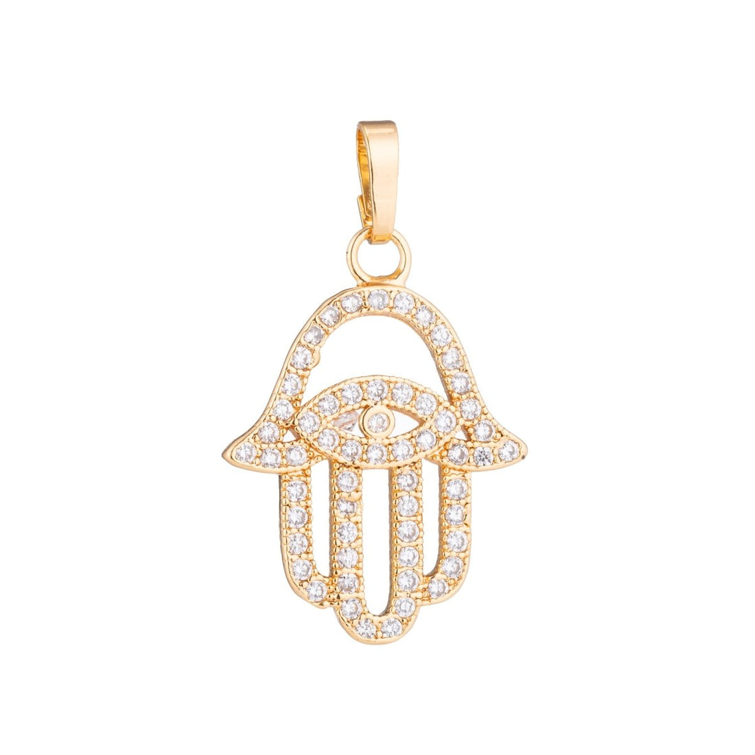 Gold Hamsa Hand, Evil Eye, Spiritual, Religion, Amulet Gift Cubic Zirconia Necklace Pendant Charm Bead Bails Findings for Jewelry Making H-180 N-1430