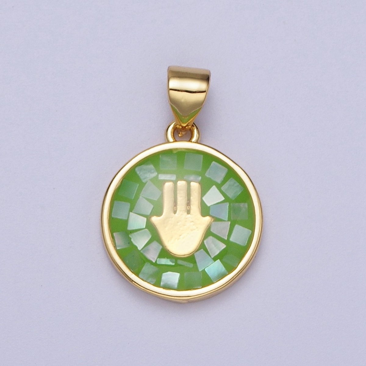 Gold Hamsa Hand White, Pink, Green, Teal Shell Opal Round Pendant H-807 I-760 I-792 I-828
