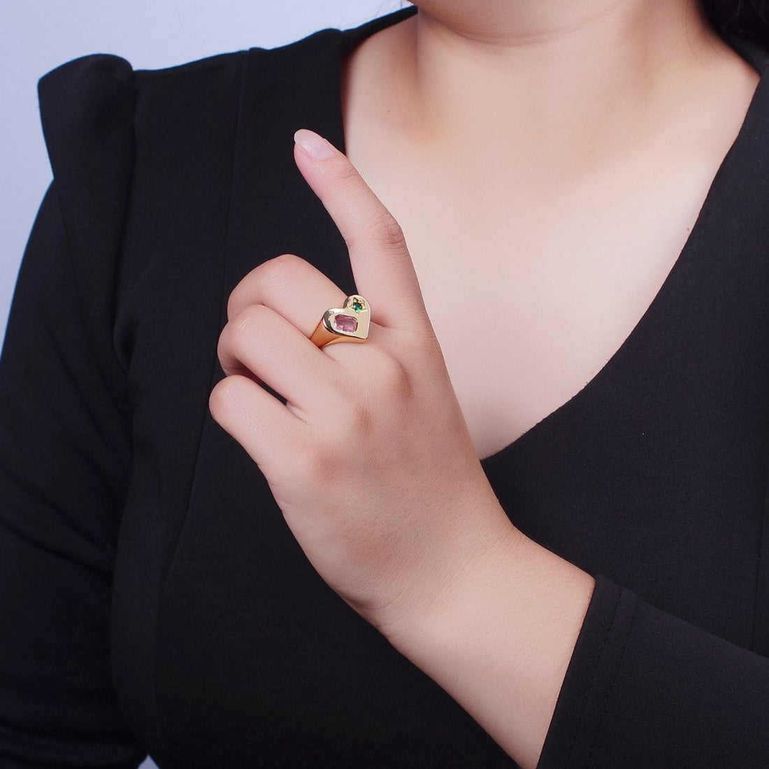 Gold Heart Signet Ring with Pink &amp; Green Cubic Zirconia Baguette Star Stones | U-241