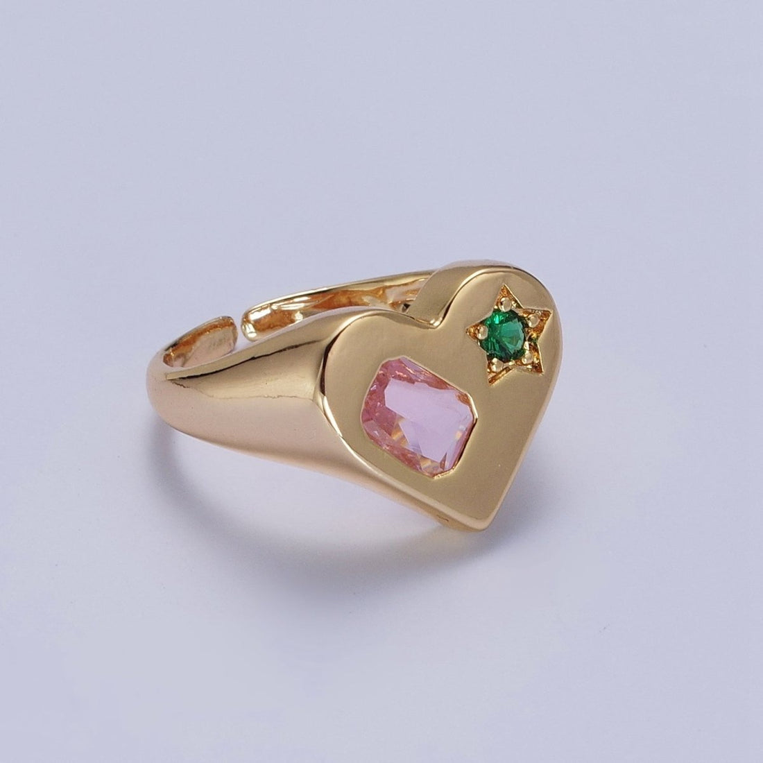 Gold Heart Signet Ring with Pink &amp; Green Cubic Zirconia Baguette Star Stones | U-241