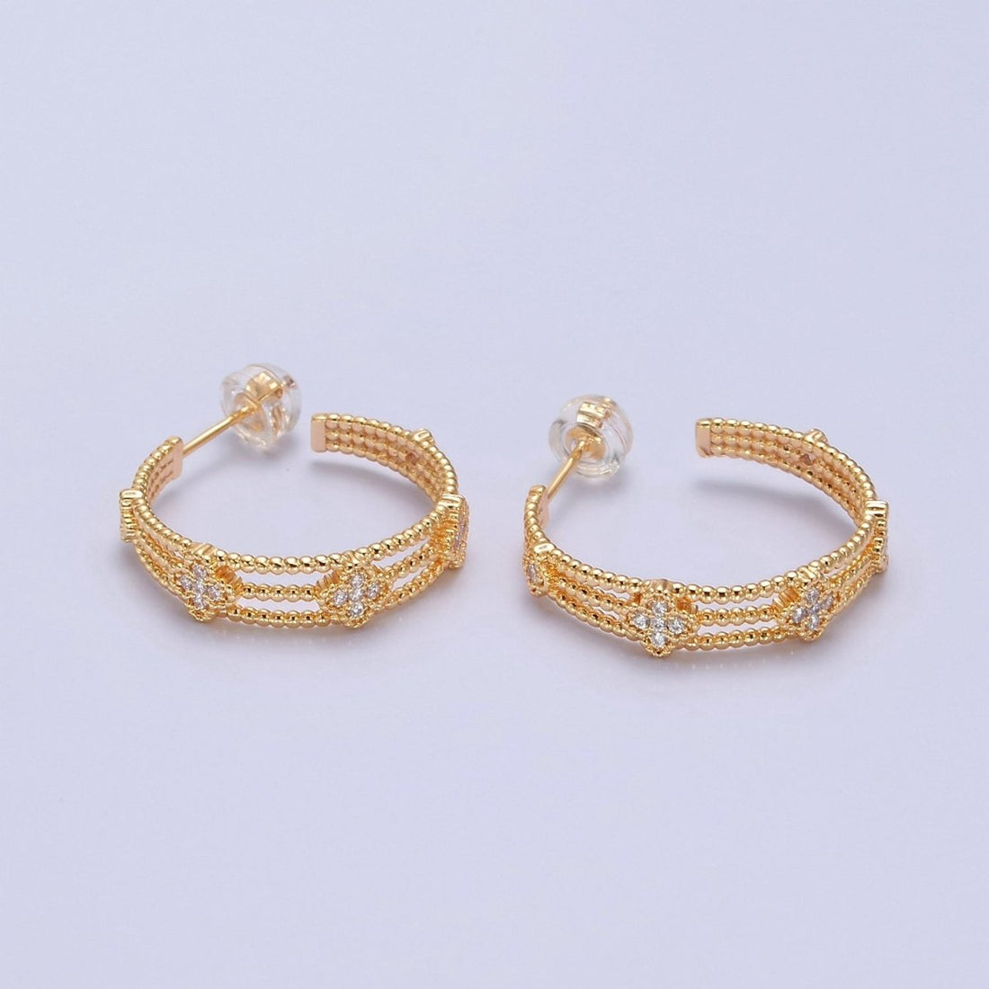 Gold Hoop Earring with Clover CZ for Lucky Jewelry T-381