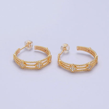 Gold Hoop Earring with Clover CZ for Lucky Jewelry T-381