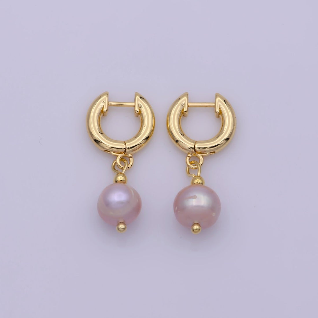 Gold Huggie Pink Pearl Earrings Freshwater, Dangle Champagne Pearl Earrings Round Blush Pink Wedding Jewelry Bridesmaids T-241