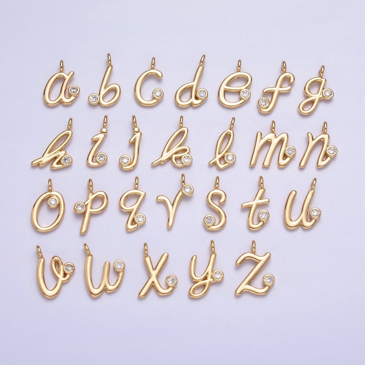 Gold Initial Alphabet Lower Case Cursive Letter Clear CZ Personalized Charm | A-507-A-519