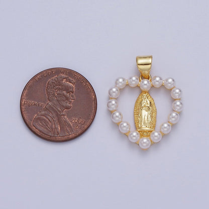 Gold Lady Guadalupe Open Heart Pearl Religious Pendant H-650