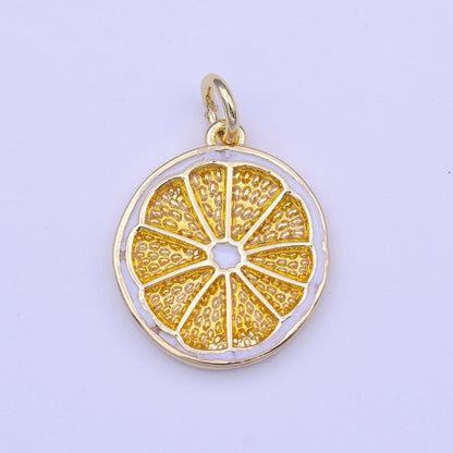 Gold Lemon Fruit White Yellow Enamel Round Charm | C-694