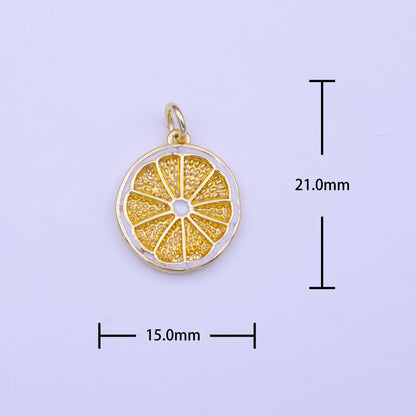 Gold Lemon Fruit White Yellow Enamel Round Charm | C-694