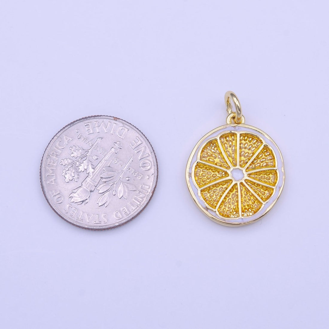 Gold Lemon Fruit White Yellow Enamel Round Charm | C-694