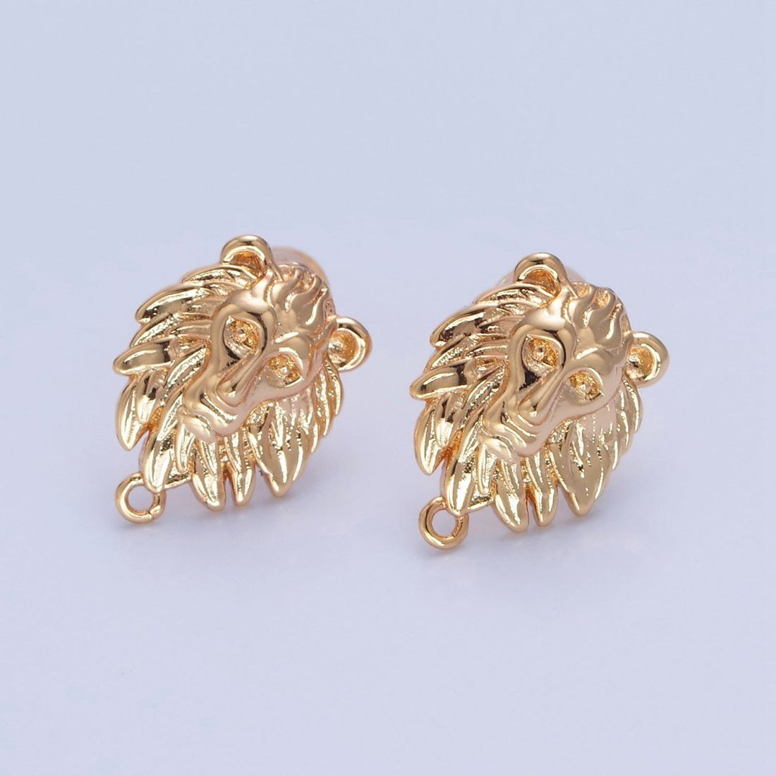 Gold Lion Stud Earrings with Open Link Loop, Jungle Forest Animal Themed Jewelry Component For Earrings Making L-769