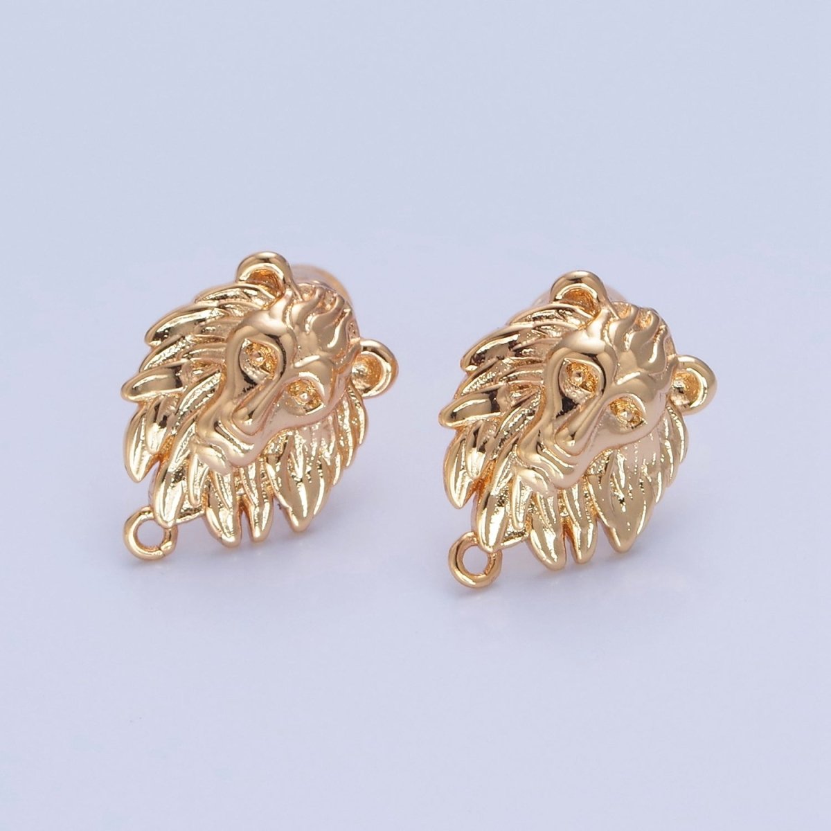 Gold Lion Stud Earrings with Open Link Loop, Jungle Forest Animal Themed Jewelry Component For Earrings Making L-769