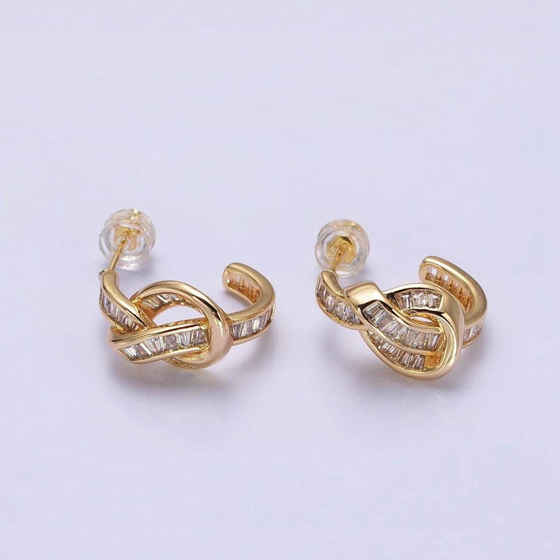 Gold Love knot Stud Earring Clear Cz Micro Pave Stone Hoop Earring AB675