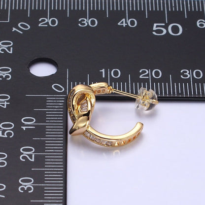Gold Love knot Stud Earring Clear Cz Micro Pave Stone Hoop Earring AB675